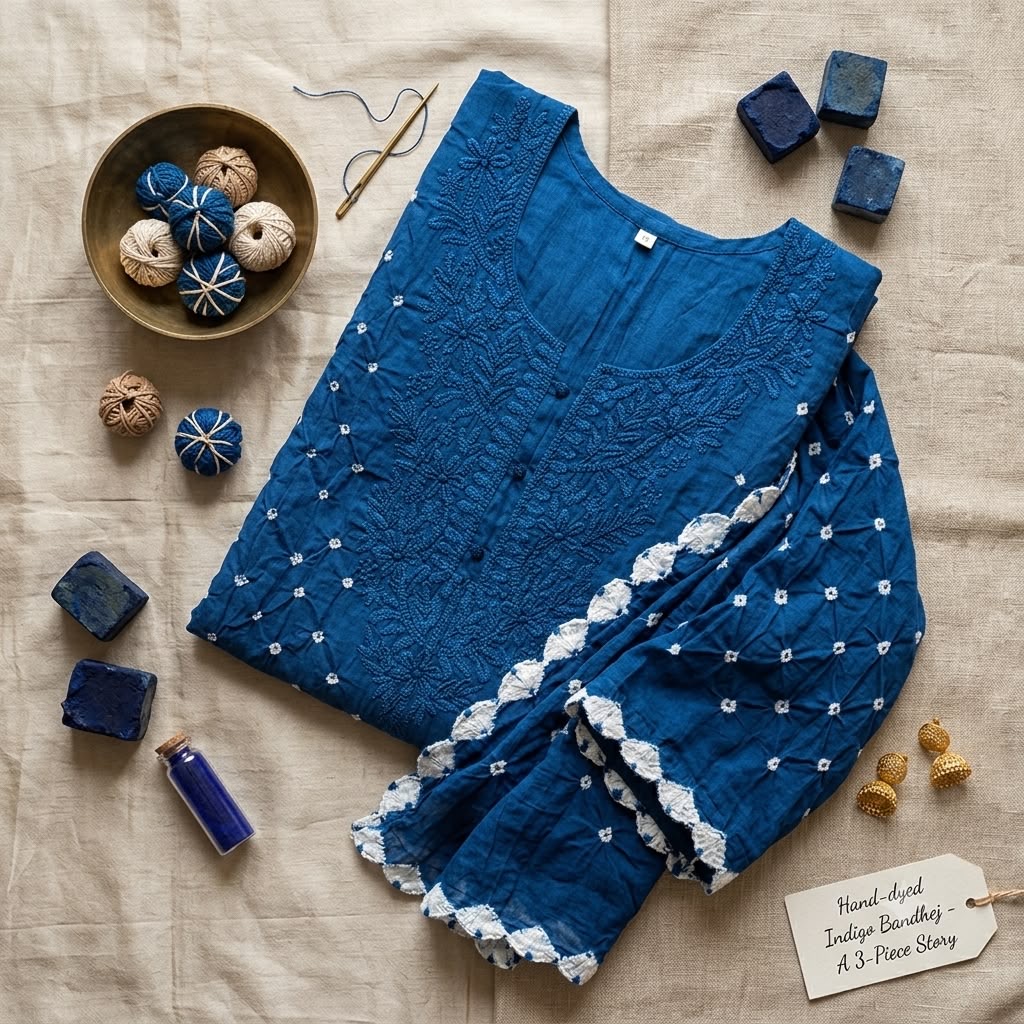 Indigo blocks and threads arranged around an embroidered textile