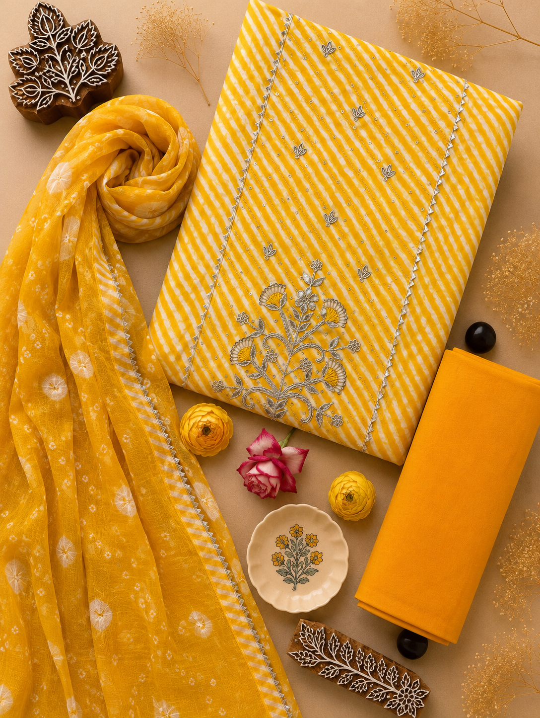 Ochre textile with carved blocks and hand embroidery