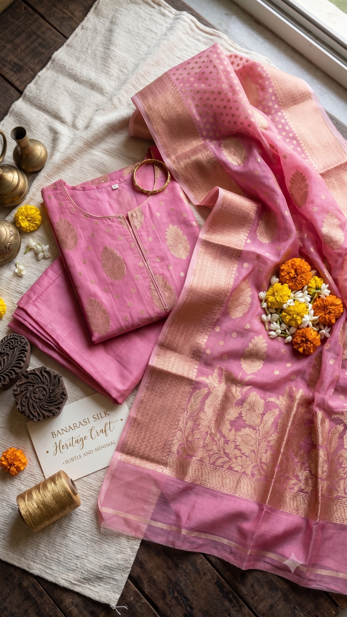 Rose pink Banarasi silk suit with woven gold buti and floral dupatta border