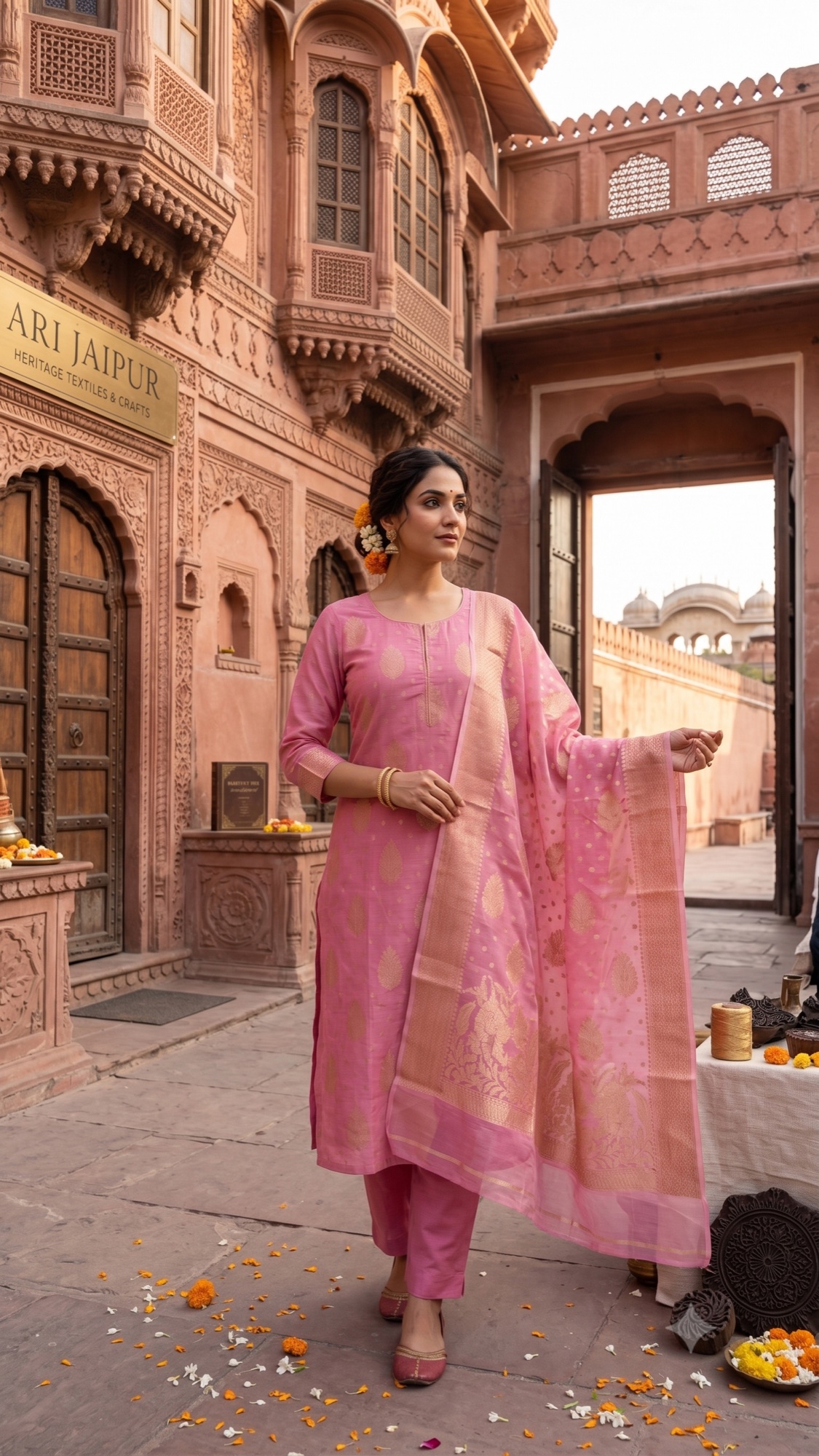 The Gulabi Banarasi Silk Suit worn at a Jaipur heritage gateway