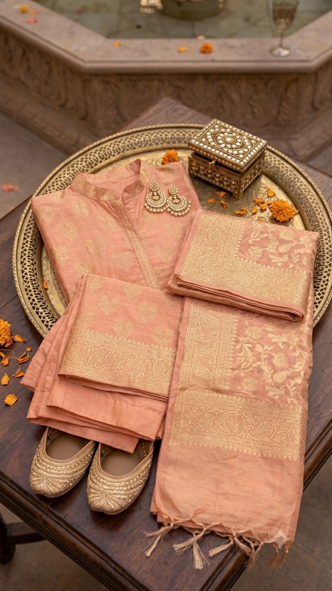 Peach Banarasi set arranged with woven gold borders and jewellery
