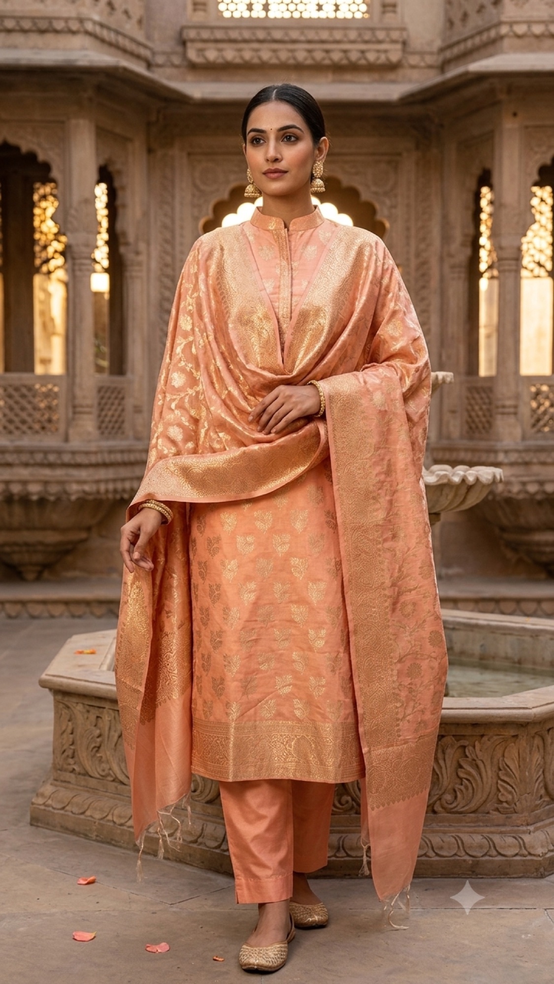 The Peach Palace Banarasi Set worn beside a carved courtyard fountain