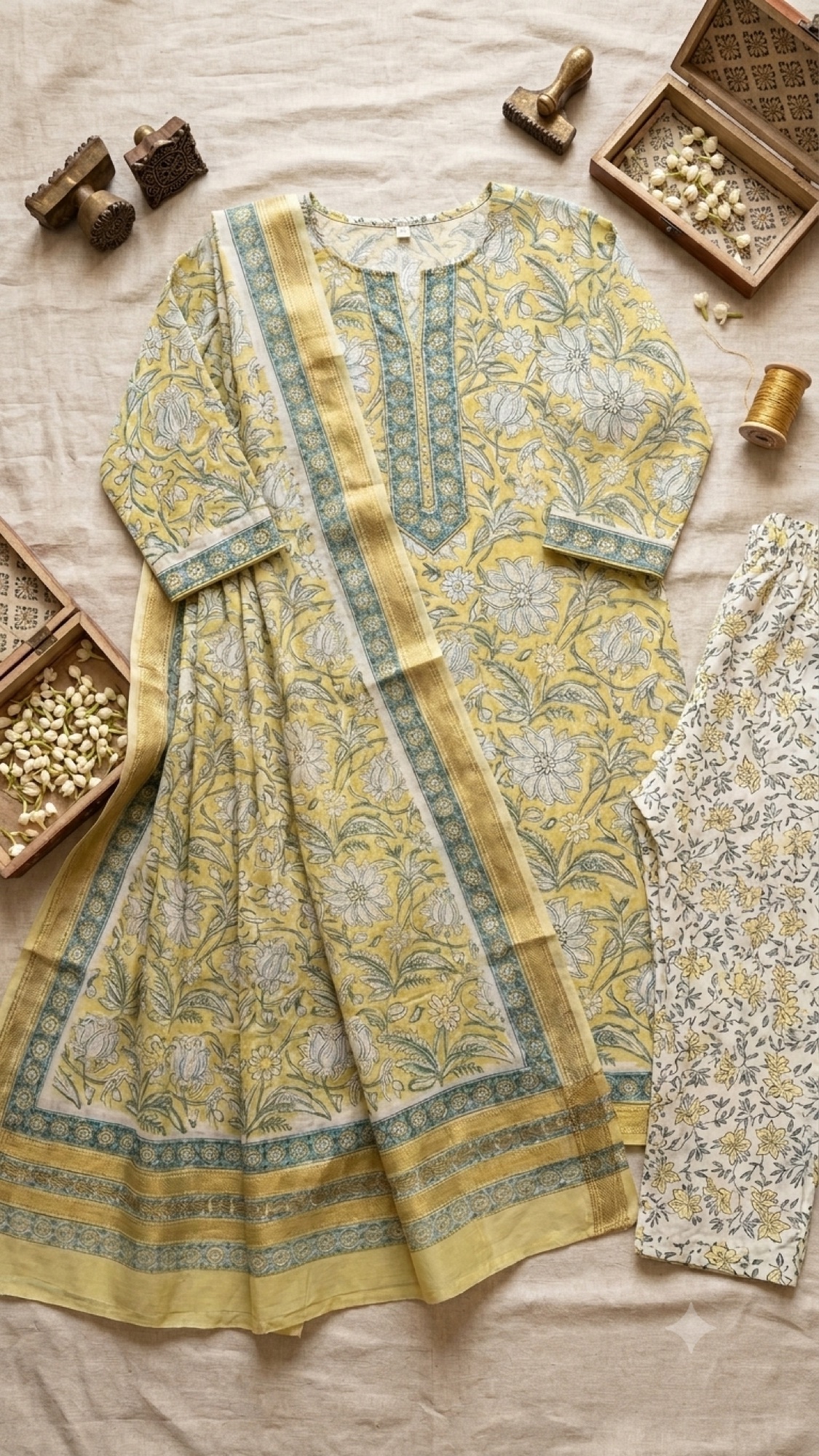 Pale yellow floral suit with teal and gold framed borders