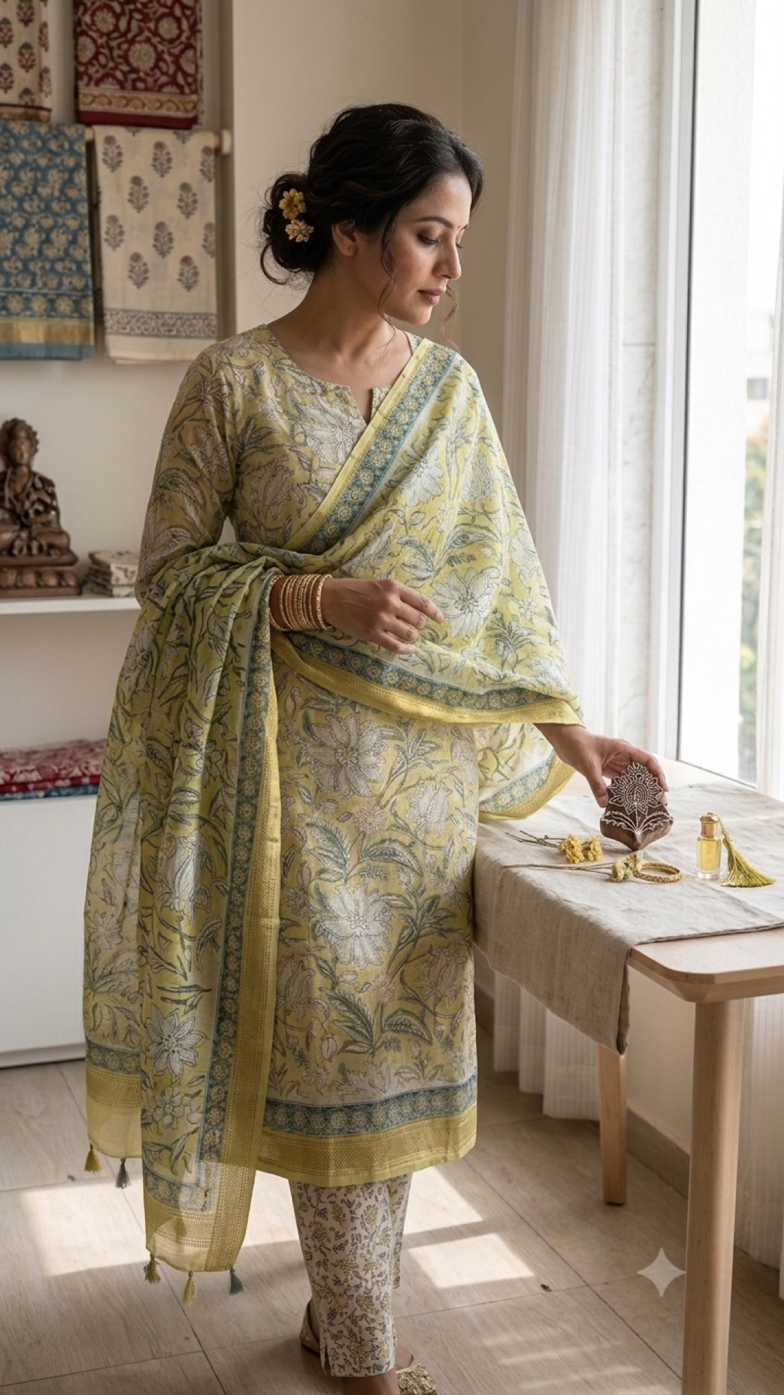 The Basant Floral Courtyard Set worn in a light-filled atelier