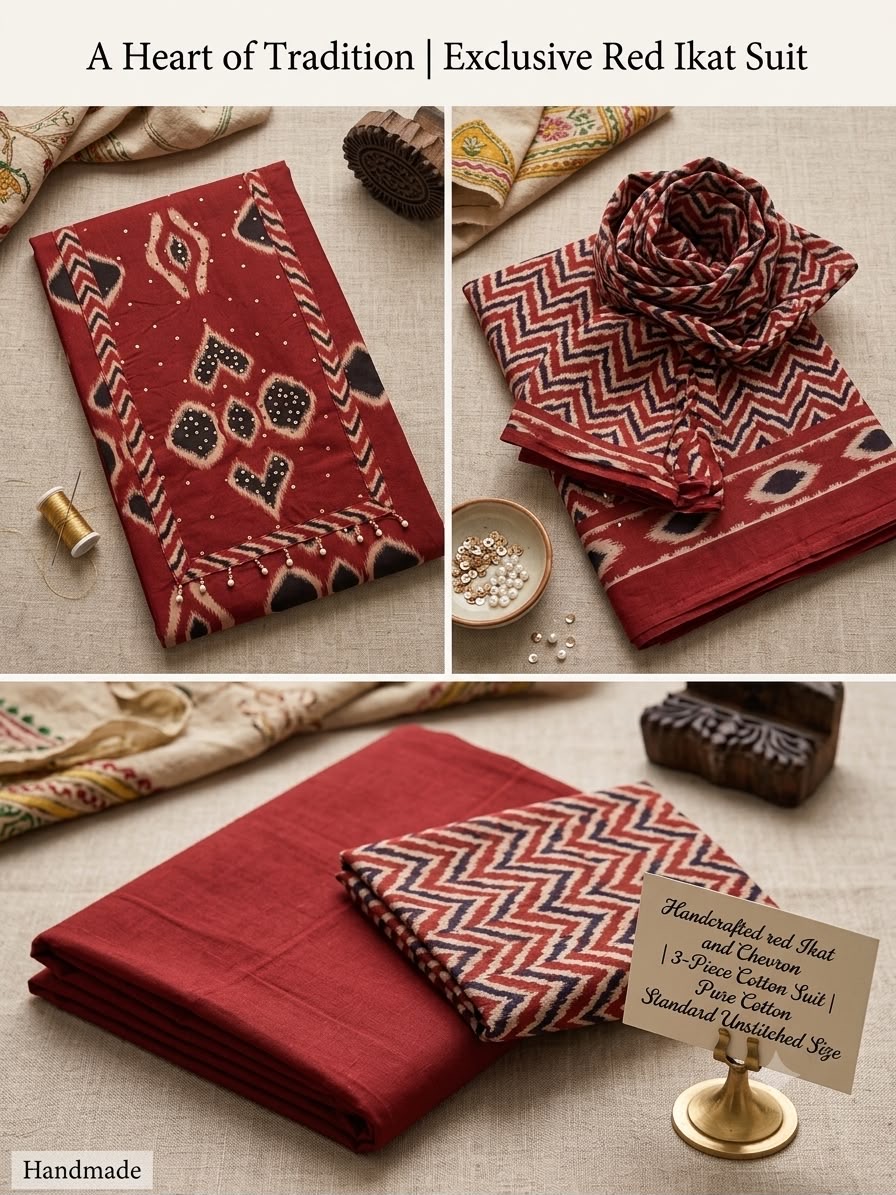 Chevron Crimson red Ikat fabric, geometric borders and handcrafted details