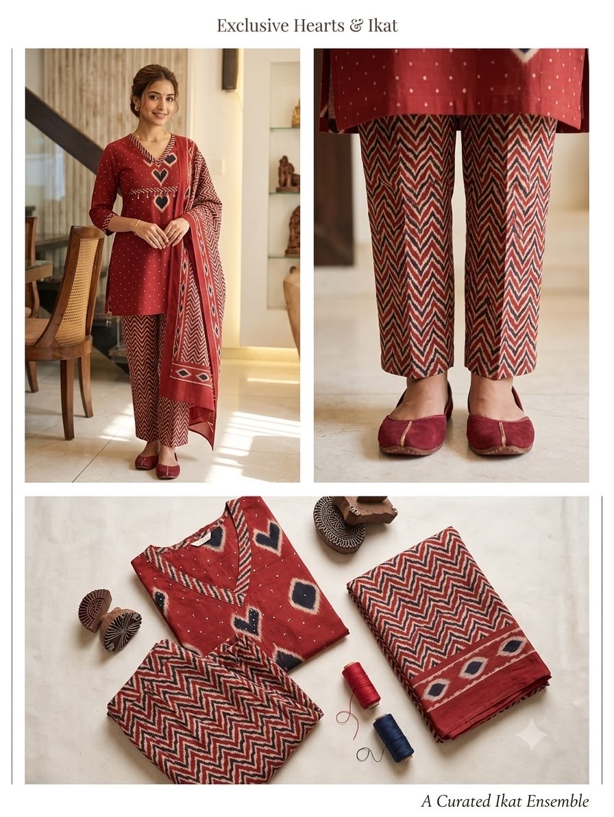 Crimson Ikat ensemble styled for an occasion