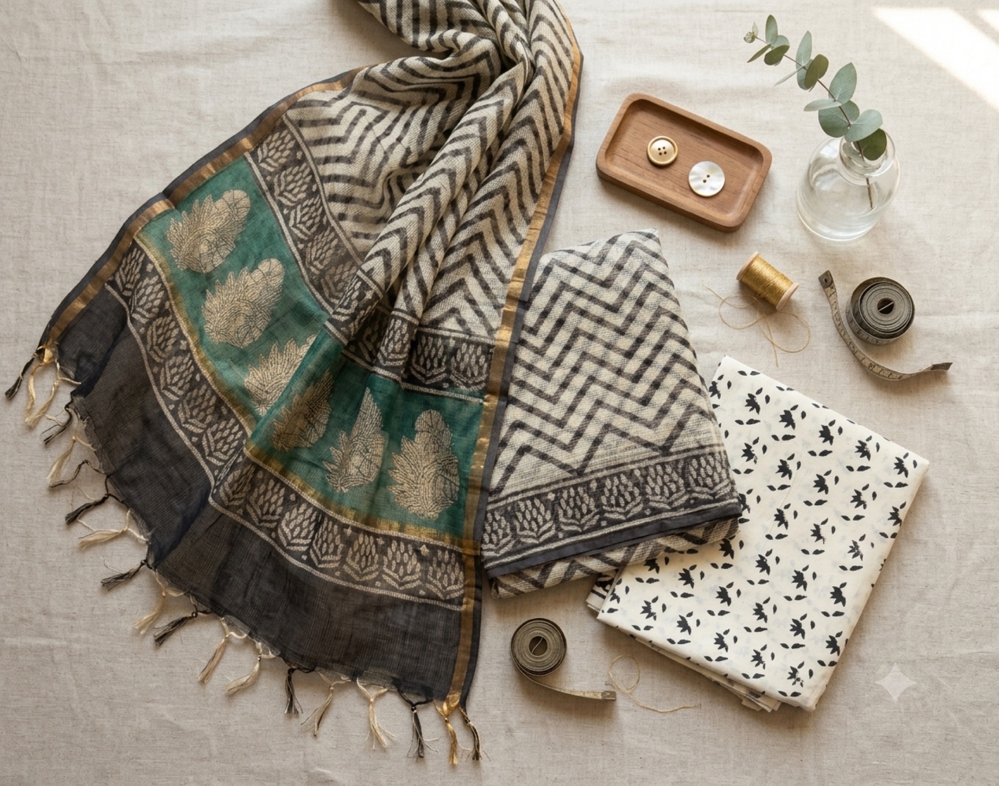 Charcoal chevron textile with emerald lotus border and printed trousers