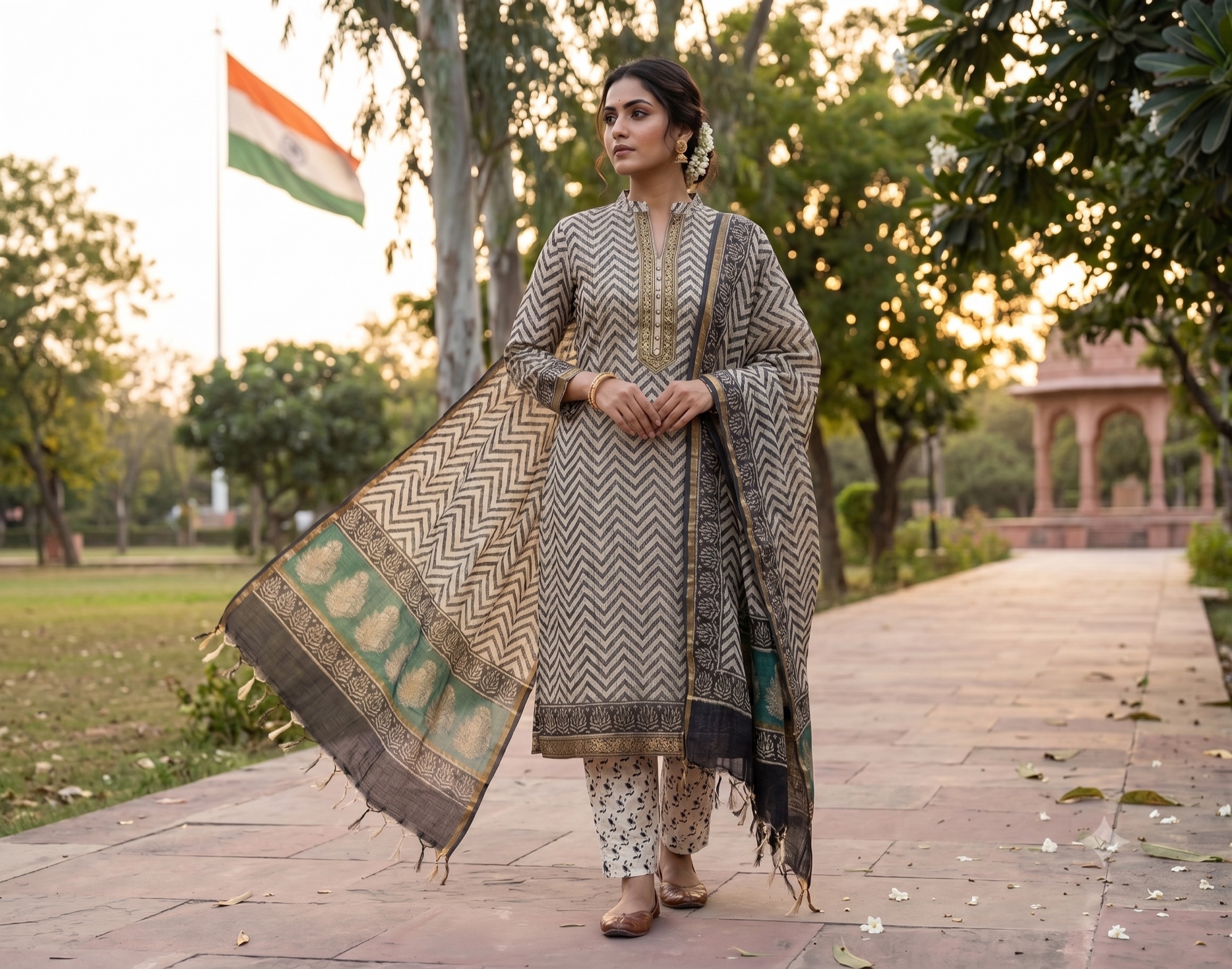 The Emerald Chevron Garden Set worn on a Jaipur garden promenade