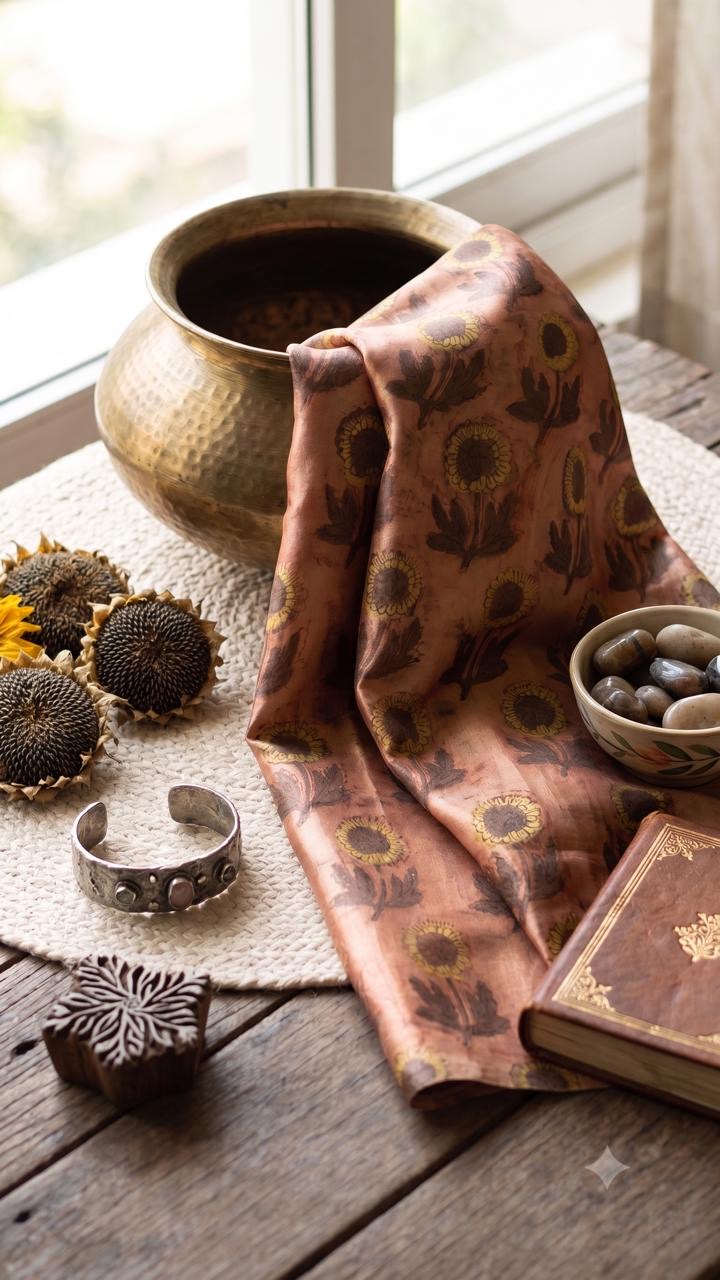 Madder silk draped beside brass and carved blocks with sunflower motifs