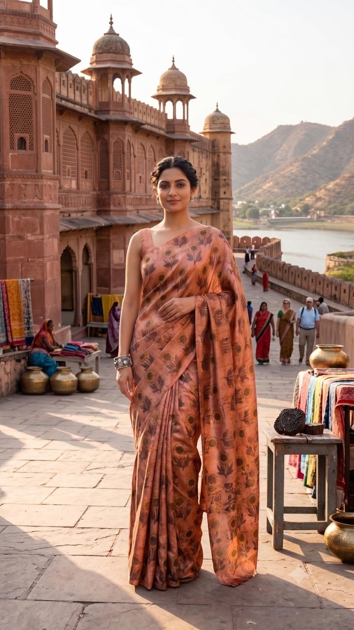 The Sunlit Madder Gajji Saree worn at a Jaipur heritage promenade