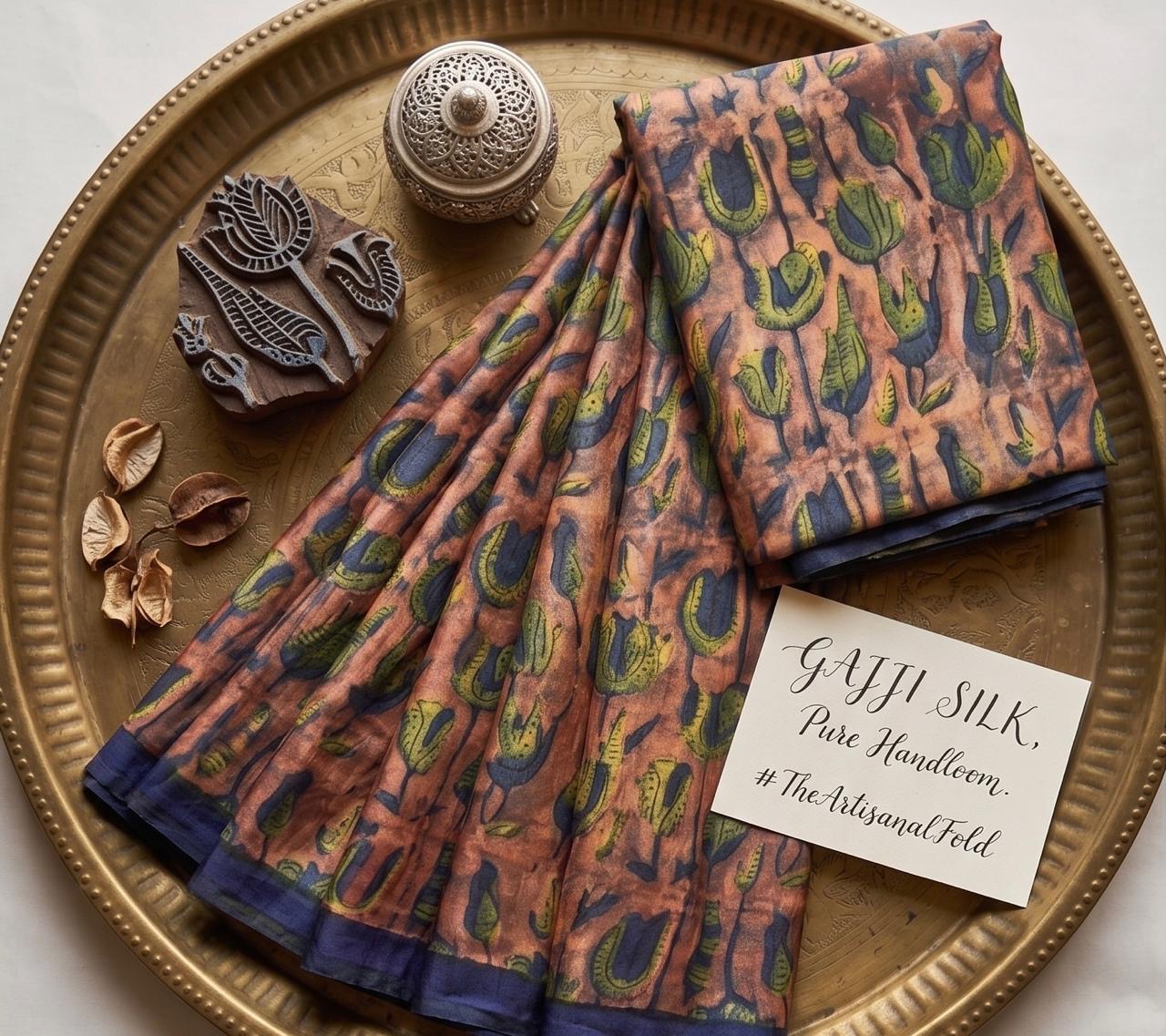 Gajji silk saree with painterly tulip motifs and deep indigo border