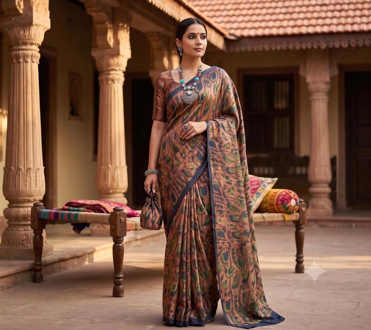 The Gajji Silk Tulip Saree worn in a heritage courtyard