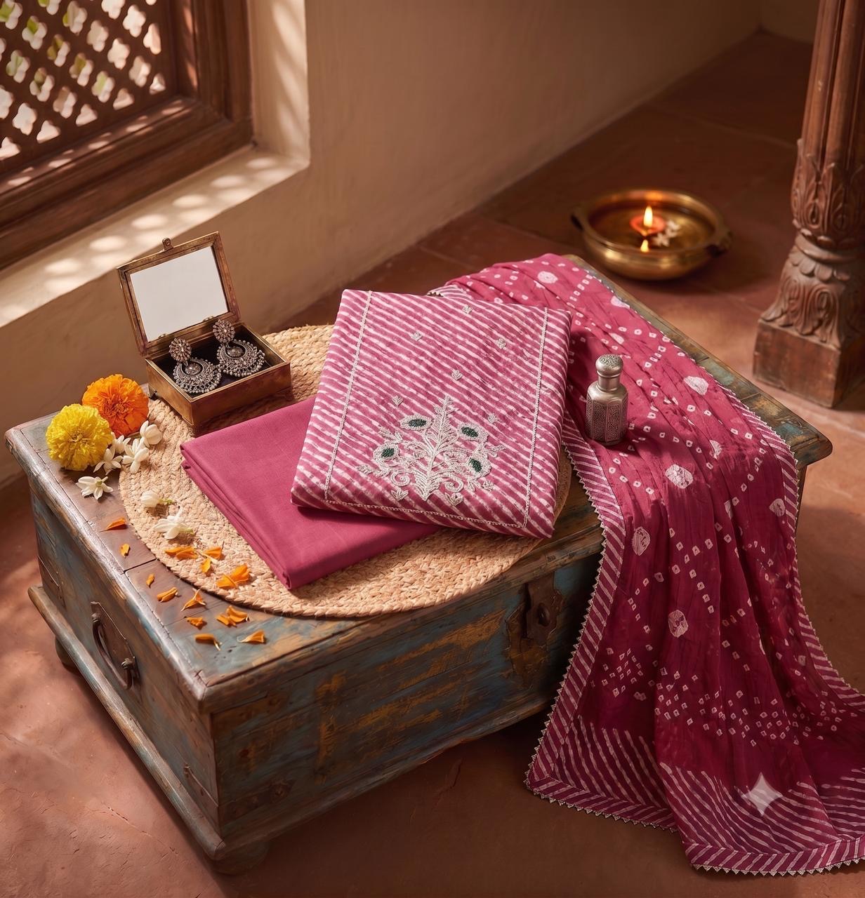 Gulabi leheriya fabric, trousers and resist-dyed dupatta