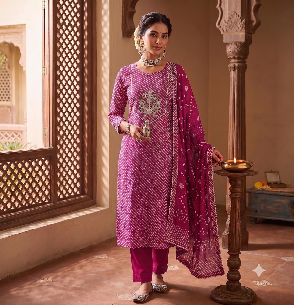 The Gulabi colourway worn in warm atelier light