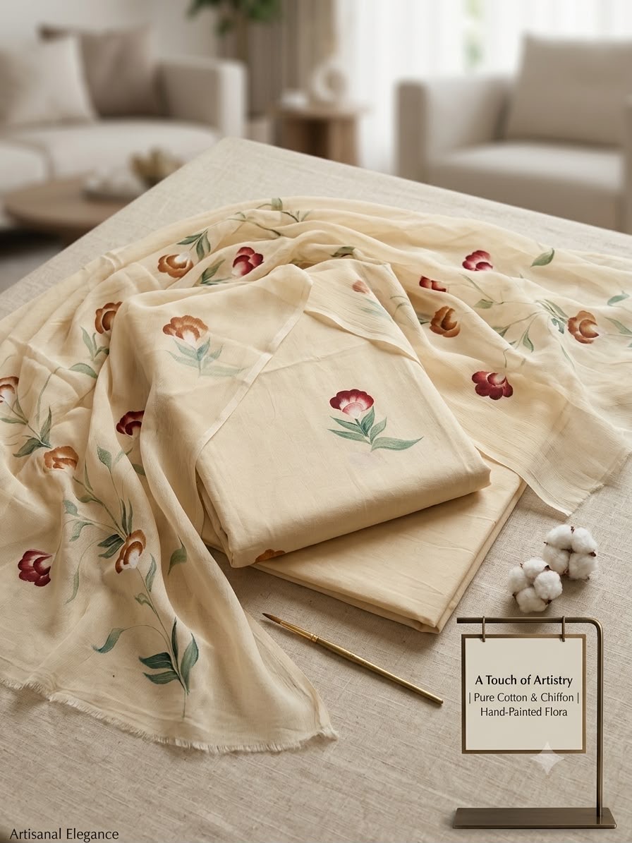 Hand-painted floral cotton and chiffon