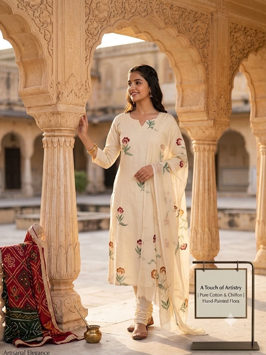 Ivory hand-painted ensemble in a Jaipur courtyard