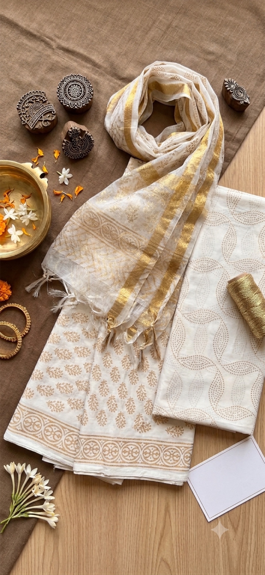 Ivory printed textiles with gold-bordered dupatta and carved blocks