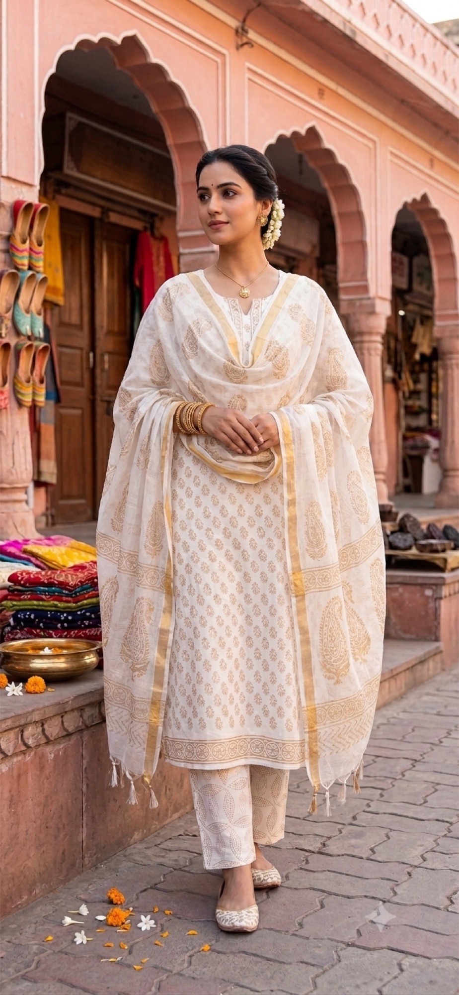 The Ivory Gilded Blockprint Set worn in a Jaipur market arcade