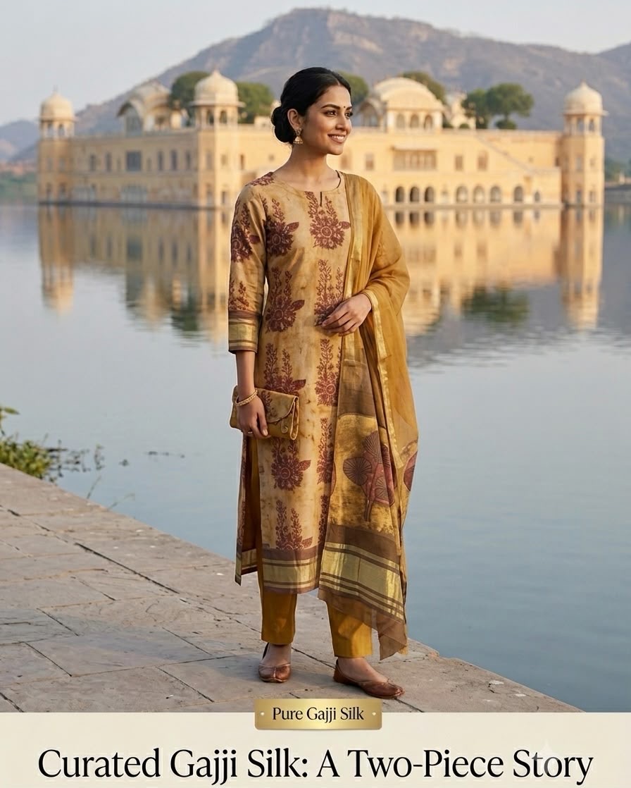 Tridha Couture ochre Gajji silk ensemble beside Jal Mahal