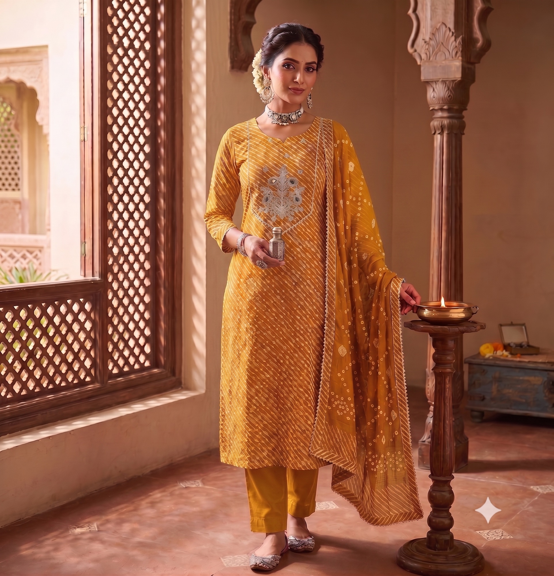 The mustard gold Leheriya Jewel colourway worn beside a carved window