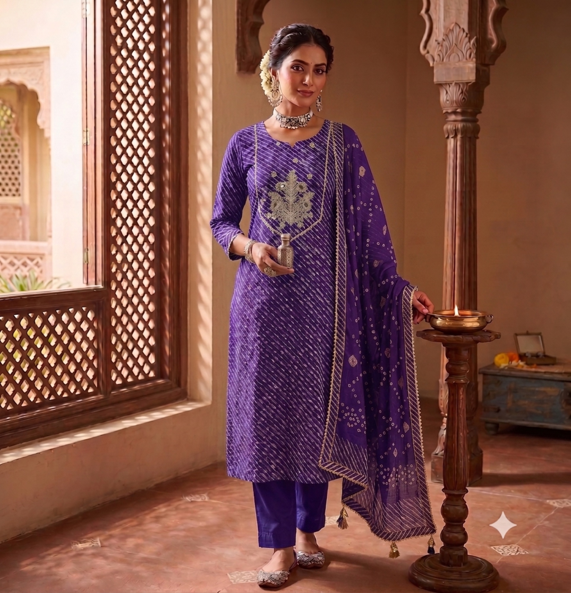 The royal purple Leheriya Jewel colourway worn beside a carved window