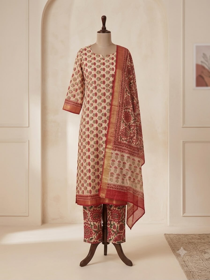 Madder floral buti ensemble with gold border