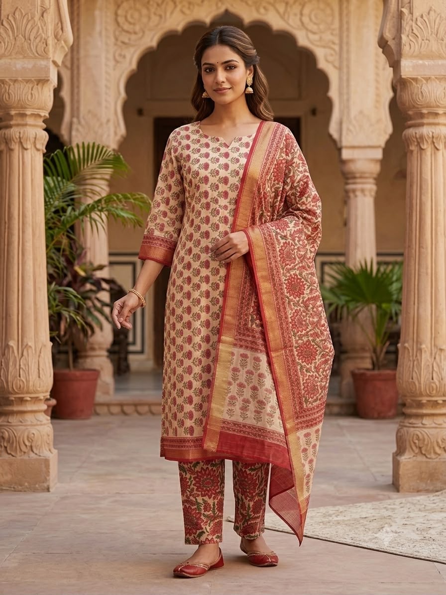 Madder Rose Buti ensemble worn in a heritage Jaipur courtyard