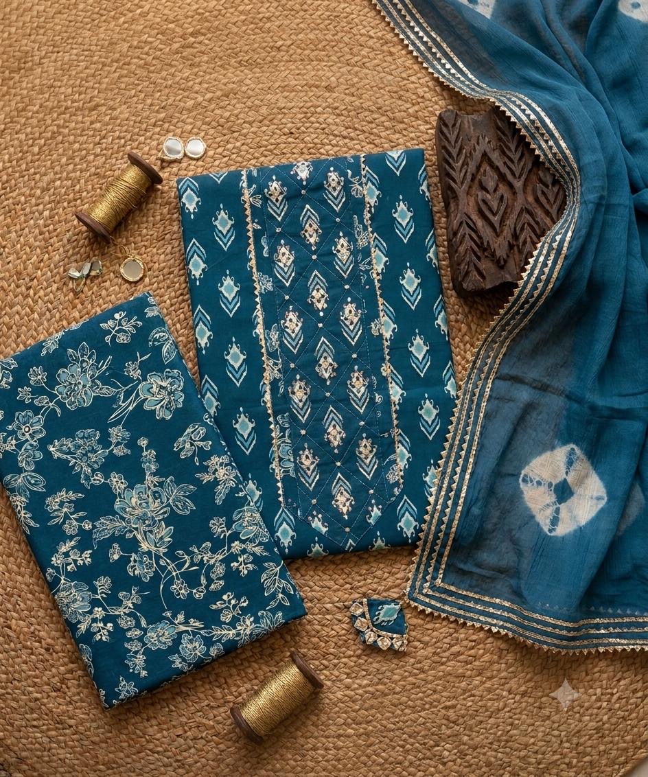 Peacock indigo ensemble with geometric yoke, floral trousers and resist-dyed dupatta