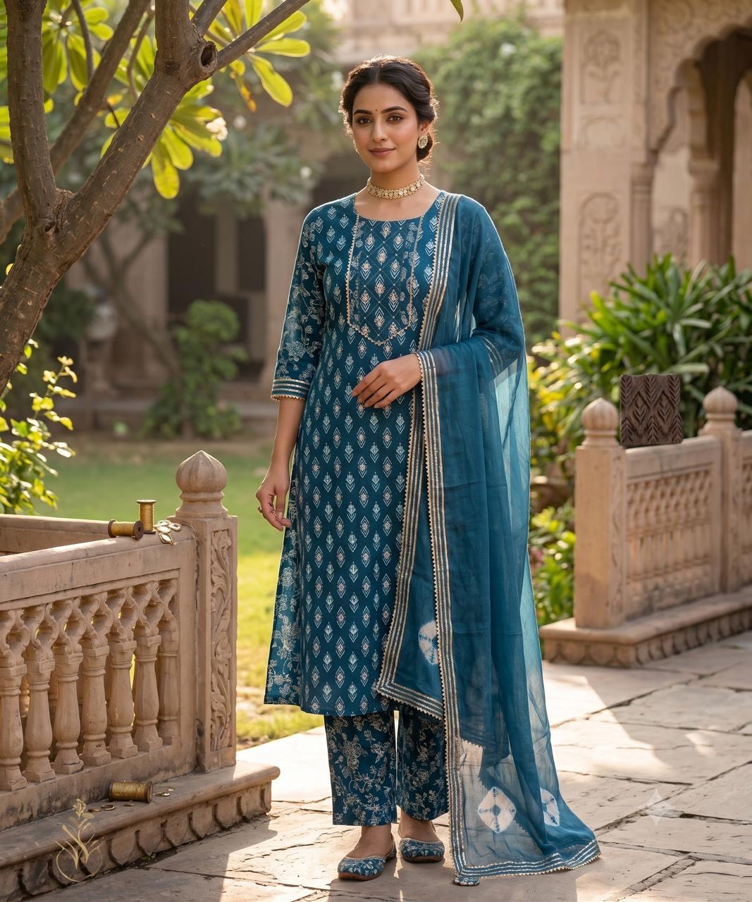 The Peacock Indigo Courtyard Set worn in a sunlit Jaipur garden