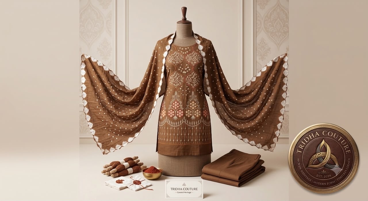 Dabu ensemble, embroidered surface and matching dupatta