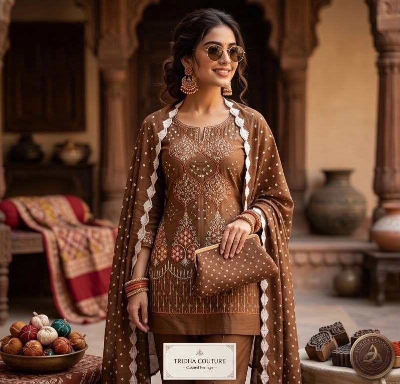 The Terracotta Dabu Print Suit styled in a heritage courtyard