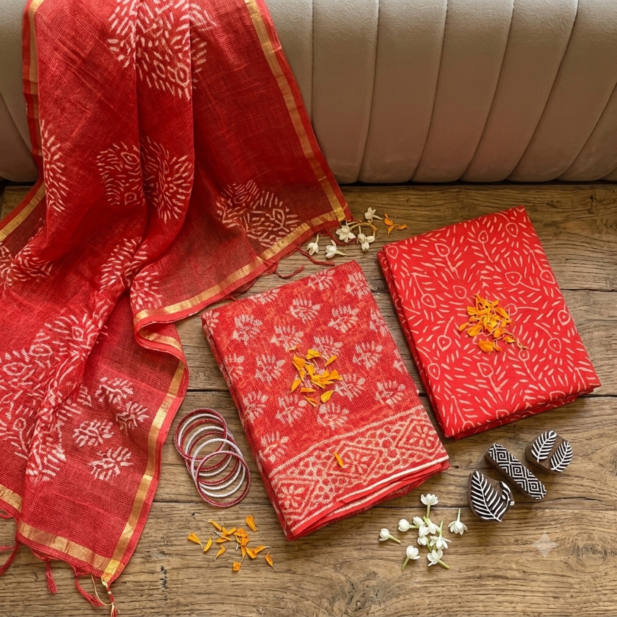 Vermilion printed suit textiles with floral resist motifs and gold edging