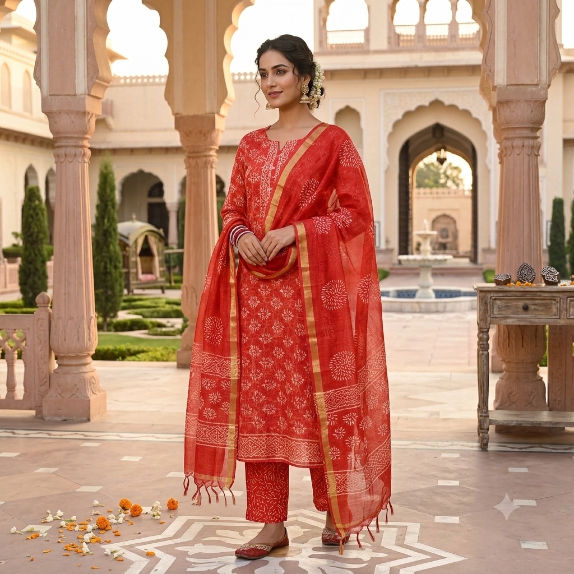 The Vermilion Bagh Print Set worn in a palace courtyard